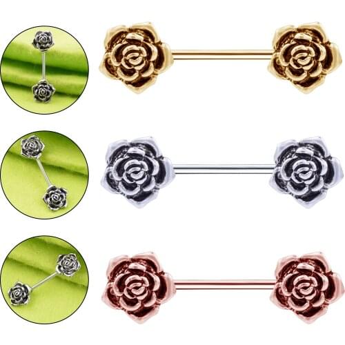 Retro 3pcs Steel Rose Flower Nipple Piercing Shield, Body Jewelry, Nipple Barbell Nipplerings Women Ladies