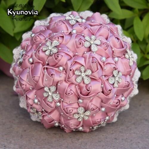 Kyunovia 14 Optional Colors Vintage Plum Wedding Flowers Satin Roses Bridal Bouquets Lace Brooch Bouquet with Silver Beads FE63