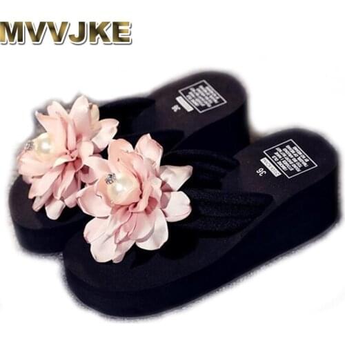 MVVJKE Handmade flowers Woman Beach Flip Flops Summer Sandals Slip- Resistant Slippers Platform Sandals shoes woman sandalia
