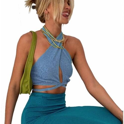 Women Strappy Cross Over Halter Neck Sleeveless Backless Short Crop Top Bandage Vest Summer Sexy Tops Woman Clothes