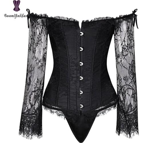 Woman Lace up Corset Bustier Top mesh long sleeve Overbust Corset For Party Club S-6XL Red Black Corset with Lace Sleeve