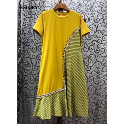 New Korean Style Dress 2020 Summer Ladies O-Neck Striped Print Patchwork Short Sleeve Mid-Calf Length Black Yellow Dress Cotton