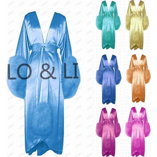 LO&LI Bride Dress Feather Robe Silk Like Satin Robe Long Sleeve Birthday Party Wedding Gift Bridal Get Ready Dress Custom Made
