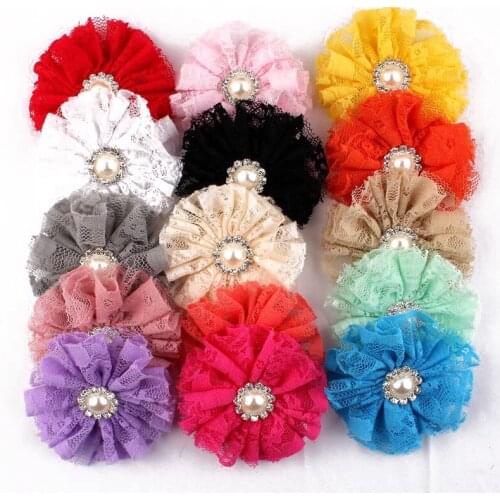 120pcs/lot 7cm 15colors Frayed Mesh Lace Flower+Metal Pearl Button For Girls Hair Accessories Shabby Fabric Flowers For Headband
