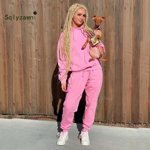 2021 Pink Solid Tracksuit Women Set Casual Outfit Two Pieces Set Hooded Top Pants Suit Long Sleeve Clothing Set Streetwear Femme