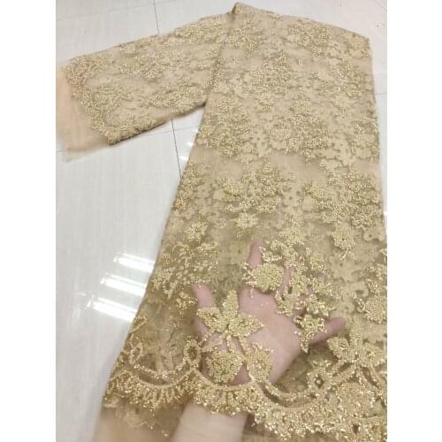 2021 High Quality Beaded Glued Glitter Sequin Lace Fabric Golden African French Net Tulle Lace Fabric With Sequins VFM4995