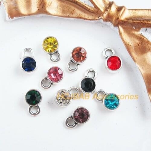 30 New Tiny Round Charms Tibetan Silver Tone Retro Mixed Crystal Pendants 7x10.5mm