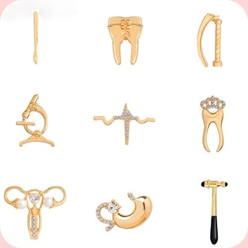Cute Medical brooches Collection Crystal uterus microscope scalpel stomach ECG tooth pins jewelry gifts for Doctor Nurse