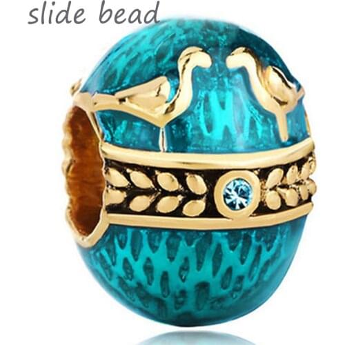Slide bead 22k Gold Blue Couple Birds Love Faberge Egg Bead Charm suitable for pandora bracelet
