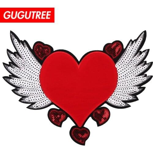 GUGUTREE embroidery Sequins big love heart patch wings patches badges applique patches for clothing ZK-244
