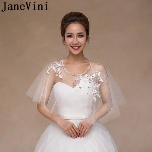 JaneVini Beaded Flowers Bride Boleros Sheer Tulle Cape Dentelle Lace Top Appliqued Wedding Jackets Bridal Wraps Cape Stoles 2019