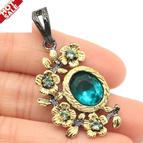 44x21mm Special Vintage Style Created Rich Blue Aquamarine Gift For Womans Black Gold Silver Pendant