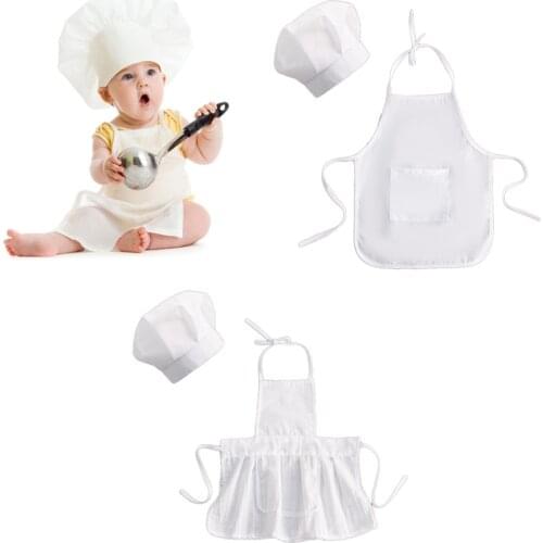 900C 2 Pcs Cute Baby Chef Apron and Hat Infant Kids White Cook Costume Photography Prop Newborn Hat Apron