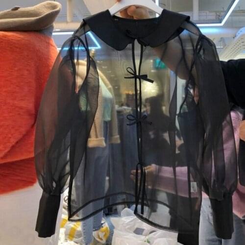 Fashion Sweet Peter Pan Collar Lantern Long Sleeve Blouse 2021 Spring New Voile Women Shirts Chic Drawstring Blusas