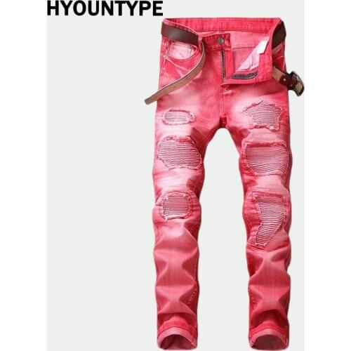 Fashion Ripped Biker Jeans Denim Distressed Trousers Slim Fit Zippers Hip Hop Jeans Motorcycle Pants Casual Streetwear for Men