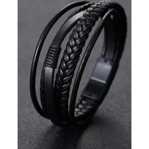 Genuine Leather Bracelets Men Stainless Steel Multilayer Braided Rope For Male Female Wristband Jewellery