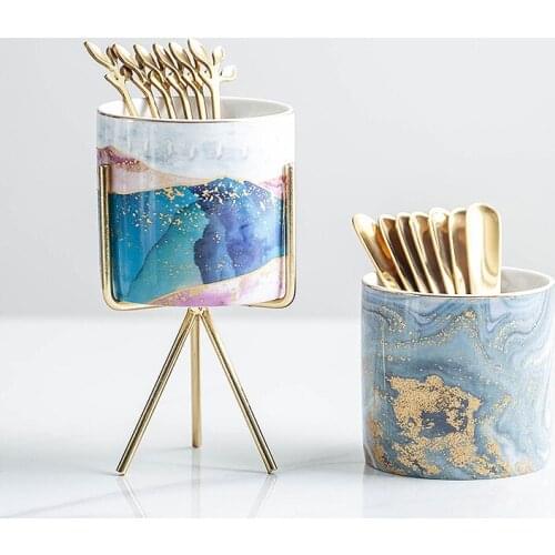 Nordic Art Fruit Fork Tank Set Modern Minimalist Household Ceramic Chopsticksspoon Storagetank Stainlesssteel Fruit Dessert Sign