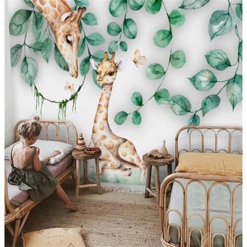 Bacal custom 3D wallpaper mural Nordic minimalist leaves cartoon cute animal giraffe childrens house background wall home decor