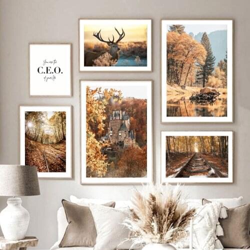 Autumn Lake Maple Forest Deer Chalet Pine Ginkgo Tree Wall Art Canvas Painting Posters And Prints Nordic Style Living Room Decor