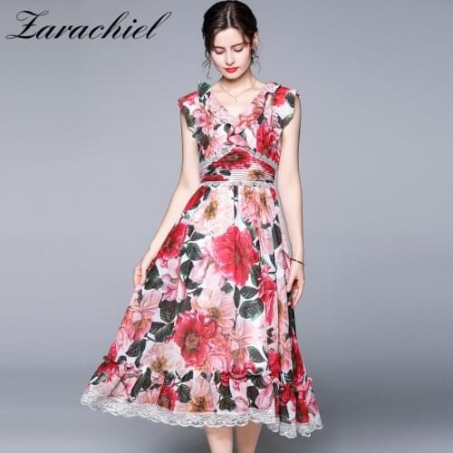 2021 Summer Women Sexy Ruffled Sleeveless V Neck Chiffon Dress High Waist Lace Trims Floral Print Beach Midi Dresses Vestidos