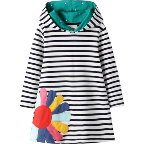 Flower Long sleeve Girls Dress Hoody Applique Autumn Spring Baby Girl Cotton Dress With Hoodies Striped Clothing