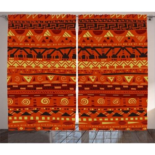 Burnt Orange Tribal Curtains Warm Tone Shapes Forms Satin Fabric Drapes for Living Room Bedroom 2 Panel Window Set