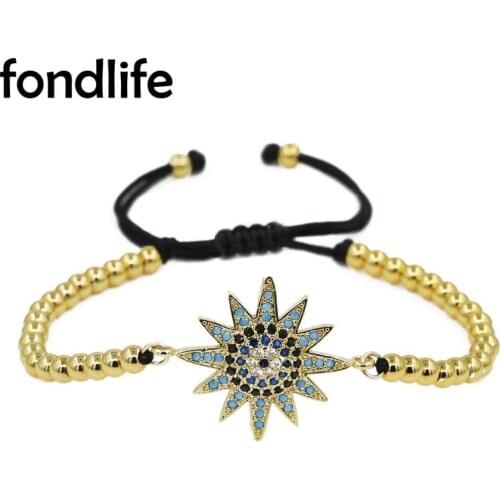 Blue&Black Cubic Zirconia Stone Gold-plated Copper Sum Charm Bracelet Women Star Cluster CZ 4MM Brass Beads Adjustable Jewelry