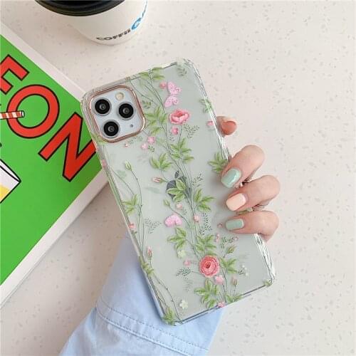 Stylish Transparent Flower Phone Case For iPhone 11 12 Mini Pro MAX XR 7 8 Plus SE2020 ElectroPlated Leaf ShockProof Back Cover