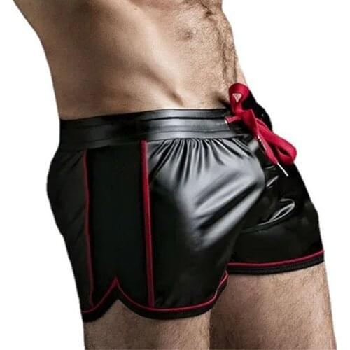 Large Size Sexy Men Punk PU Leather Slim Motorcycle Trousers Boxer Shorts Elastic Band Underpants Sissy Panties Sexy Swimsuit