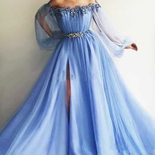 Off The Shoulder Evening Dresses Puff Sleeves Appliques Beaded Tulle Split Light Sky Blue Prom Party Gowns Graduation