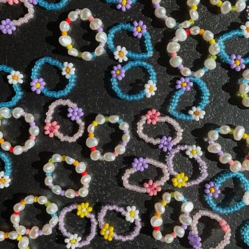 Vedawas Korean Cute Transparent Handmade Beaded Rhinestone Colorful Geometric Square Round Rings for Women Y2k Jewelry Party INS