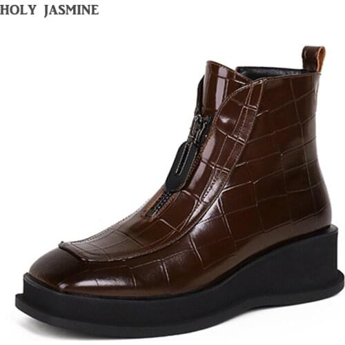 Brown Black Platform Boots Women Boots Autumn Leathe Boots Front Zipper Ankle Boots Motorcycle Thick Heel Platform High Heels