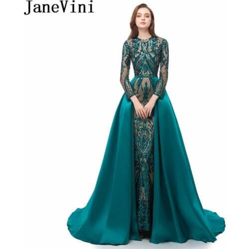 JaneVini Robe Dubai Long Sleeve Sequin Gown Mermaid Party Arabic Dress Bling Sequined Removable Train Green Evening Dresses 2019