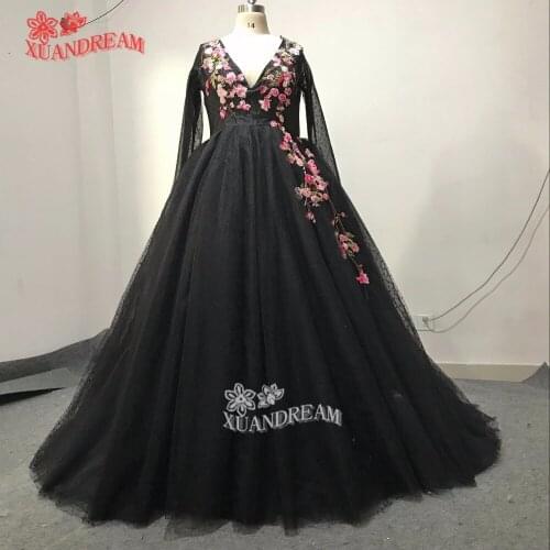 2017 XUANDREAM Real made black evening gown robe soiree vestido preto elegant formal long sleeves sports evening dresses XD-57