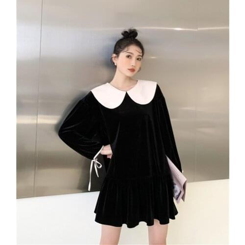 Korean Black Long Sleeve Women Velvet Dress 2021 Autumn Cute Doll Collar A Line Loose Designer Dress