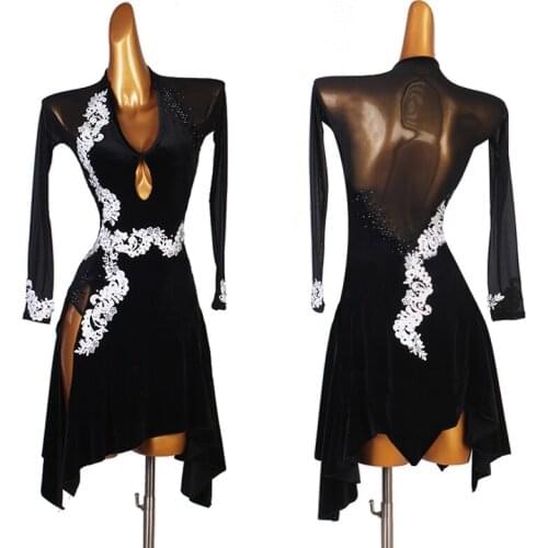 2021 Latin Dance Performance Costumes Sexy Split Latin Dance Dress Long Sleeve Rumba Dress Latin Dance Competition Dress DQS6490