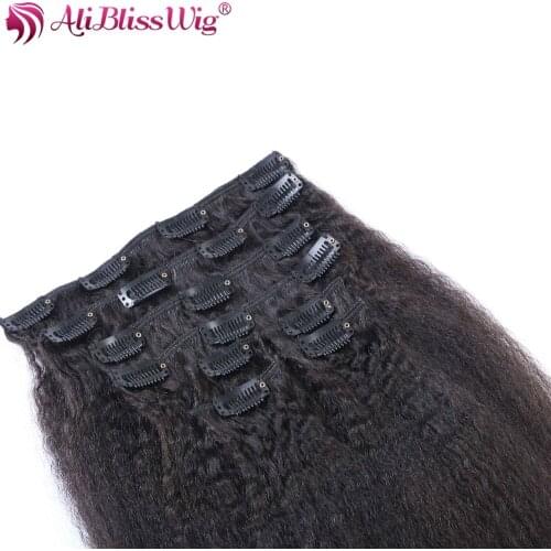 AliBlissWig Kinky Straight Clip In Hair Extensions 8pcs/set Brazilian Remy Hair 14-24 Inch Full Head Italian Yaki Natural Color