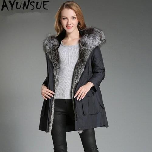 AYUNSUE Natural Rabbit Fur Liner Parka Real Fur Coat Winter Jacket Women Fox Fur Collar Long Jackets for Women Warm Outwear MY