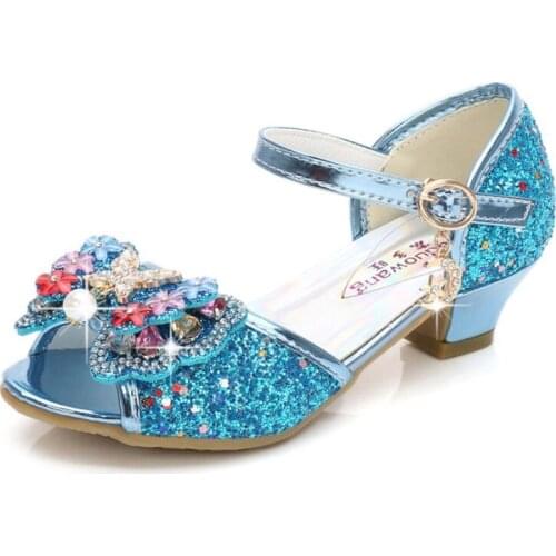 Children sandals princess party shoes Elsa Anna sandal for girls glitter wedding girl sandals crystal High heel snow blue shoes
