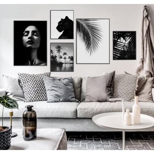 Black White Beautiful Woman Landscape Panther Leaf Prints Wall Art Picture Canvas Painting Posters Living Room Home Decoration