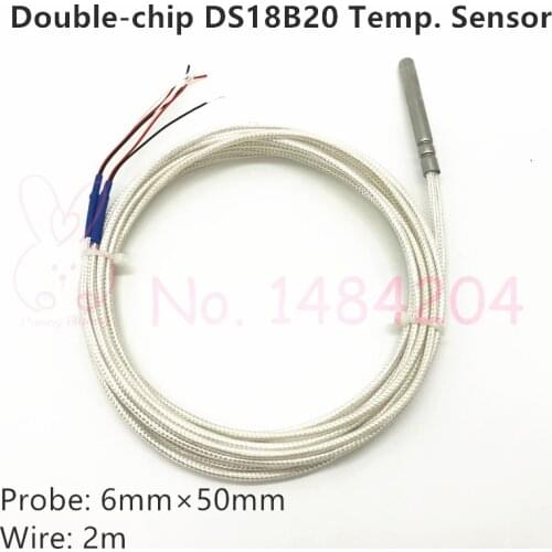 DS 18B20 2 Chips Digital Temperature Sensor Double-chip Waterproof Probe 6mm*50mm -55~125C Silver Plated Shielded PTFE Wire 2m