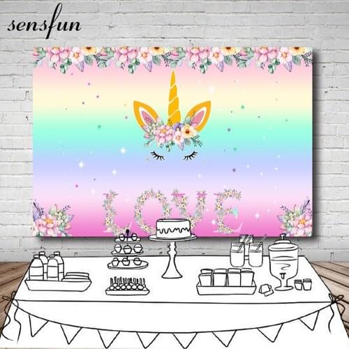 Sensfun Beautiful Flowers Unicorn Party Backgrounds Baby Yellow Mint Purple Pink Birthday Party Photography Backdrops 7x5ft