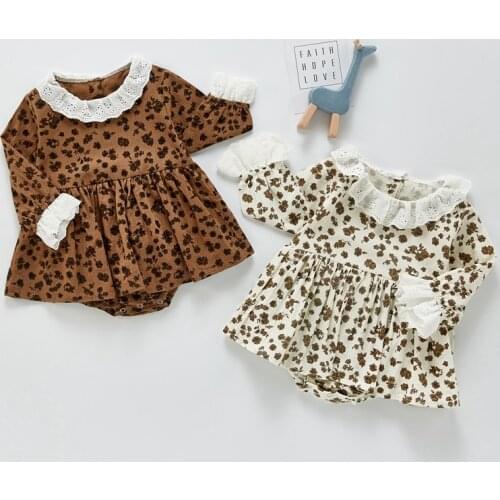 0-24M Cute Baby Girls Casual Romper Floral Printed Pattern Ruffled Hem Collar Long Sleeve Bodysuit Brown/ Apricot