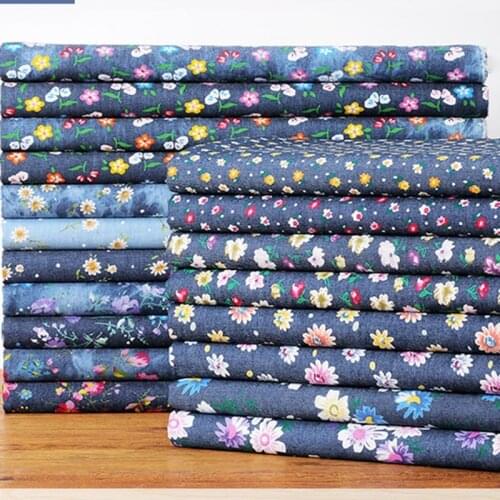 Cotton Jeans Floral Printed Fabric For Sewing Shirt Dress Baby Clothes Soft light Denim Reactive Dying Indigo Tissus 50X145CM