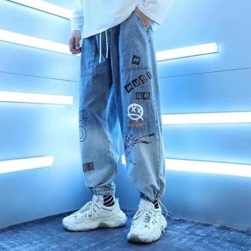 Mens spring autumn pocket jeans Joker loose hip-hop round drawstring Ankle-length Pants Harem Pants Wide Leg Pants casual man