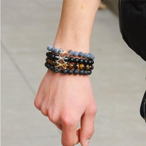 Elastic Buddhist Buddha Prayer Beads Bracelet Bangle Statement Copper Inlay Zircon Bracelet Natural Lava Stone Unisex Bracelet