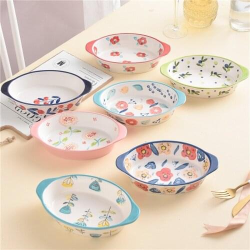 EECAMAIL Porcelain Double Eared Rice Bowl Oval Roasted Bowl Lasagna Bakeware Bake Home Oven Microwave Oven Bakeware