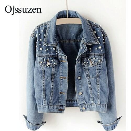 Bomber Women Excellent Jeans Jackets Short Female Fashion Coat Elegant Pearls Beading Spring Womens Denim Jacket Plus Size 5XL