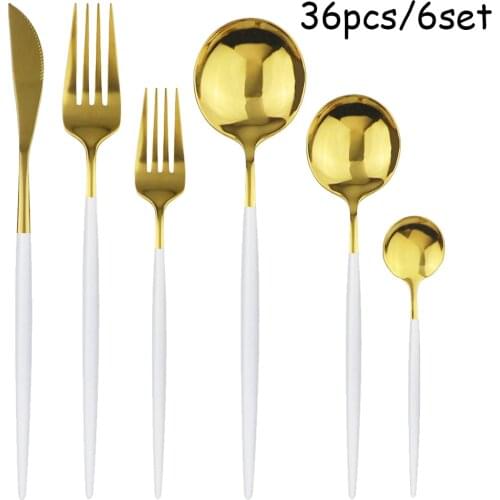 36Pcs Stainless Steel Flatware Sets White Gold Cutlery Set Dessert Salad Fork Tableware Knife Fork Spoon Dinnerware Sets Kitchen