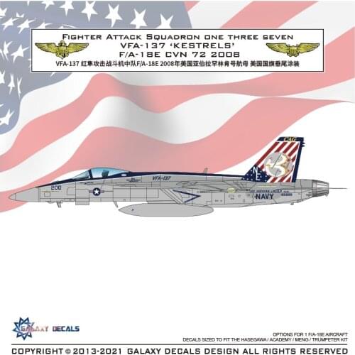 GALAXY Tools G48032-G72025 1:48/72 Fighter Attack Squadron One Three Seven VFA-137 'Kestrels' F/A-18E CVN 72 2008 Sticker